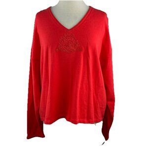 St John Marie Gray Sz M Sportswear French Terry V-Neck Red Sweatshirt Long Slv